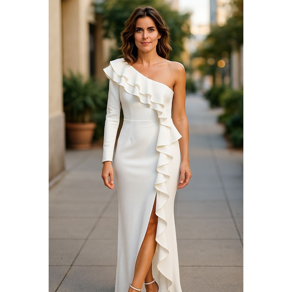 One-Shoulder White Ruffle Evening Dress